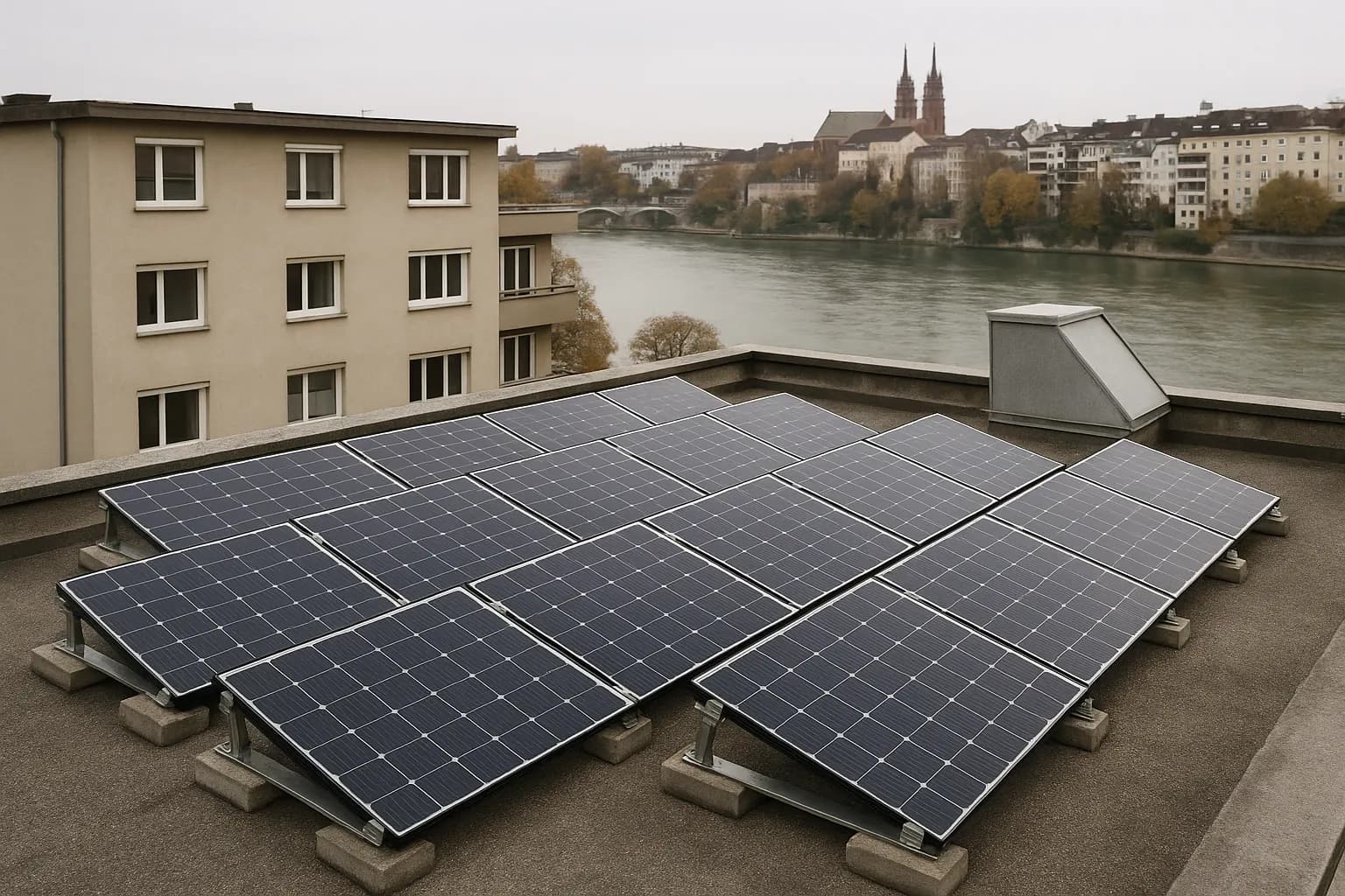 Solaranlage auf einem typischen Dach in Basel