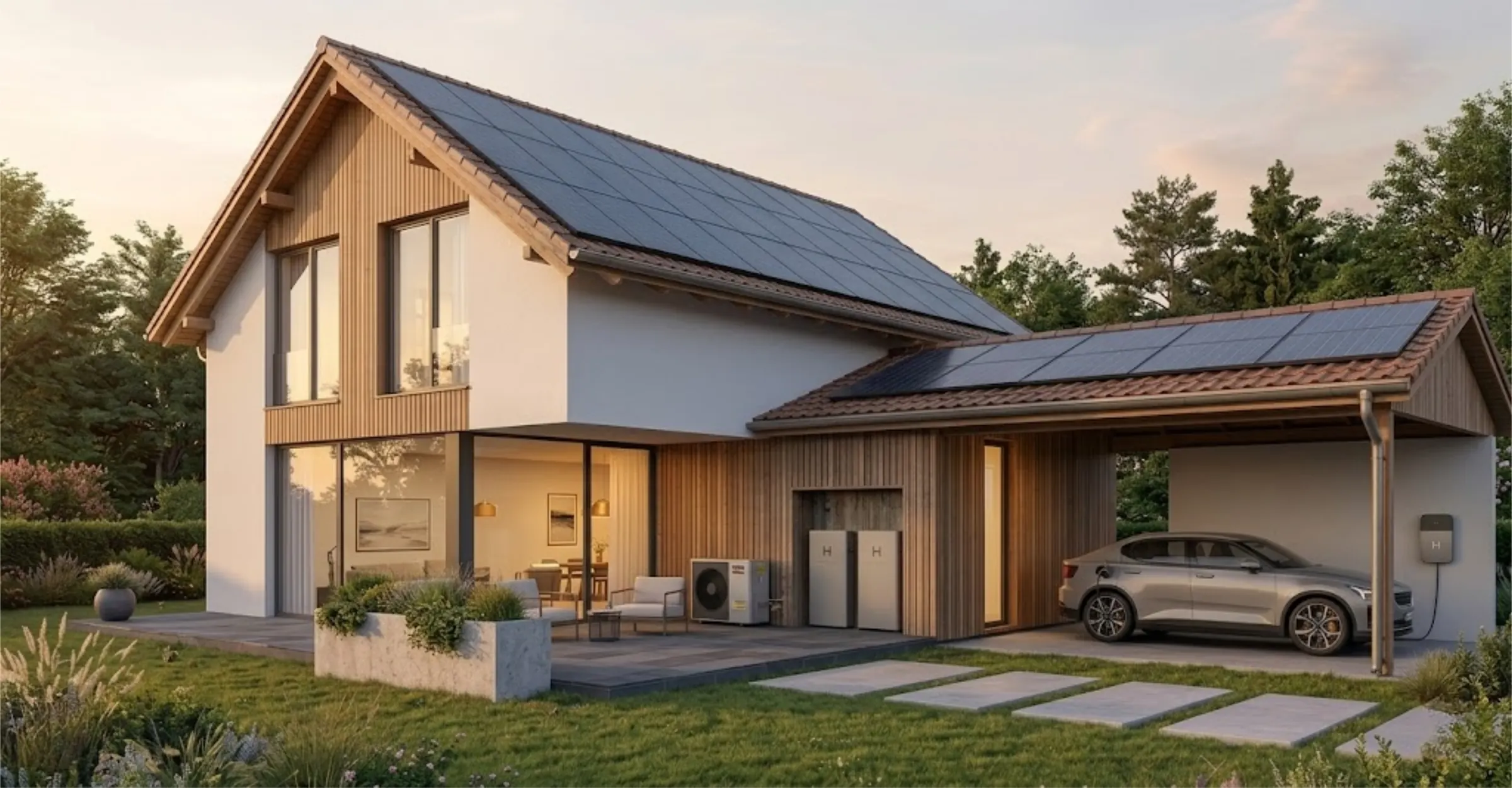 Modernes Schweizer Einfamilienhaus mit Photovoltaik-Anlage, Wärmepumpe und E-Auto-Ladestation in der Abendsonne.